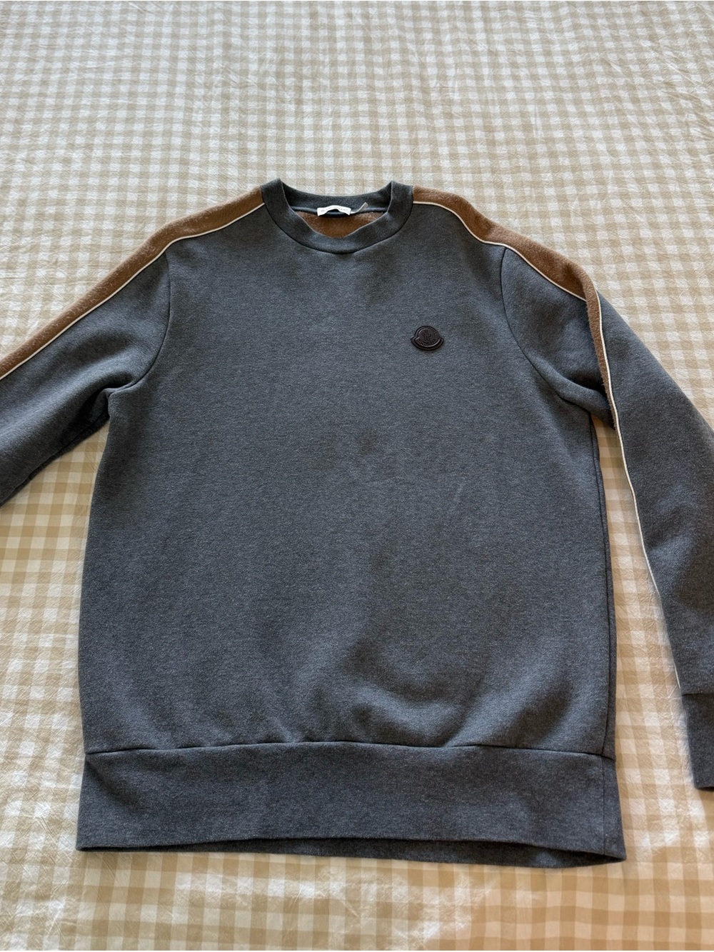Moncler Men's Crewneck Sweater in Charcoal Gray with Brown Trim